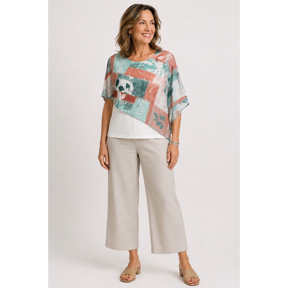 Easywear by Chicos Womens Abstract Patchwork Poncho Overlay Top White Size 2 L